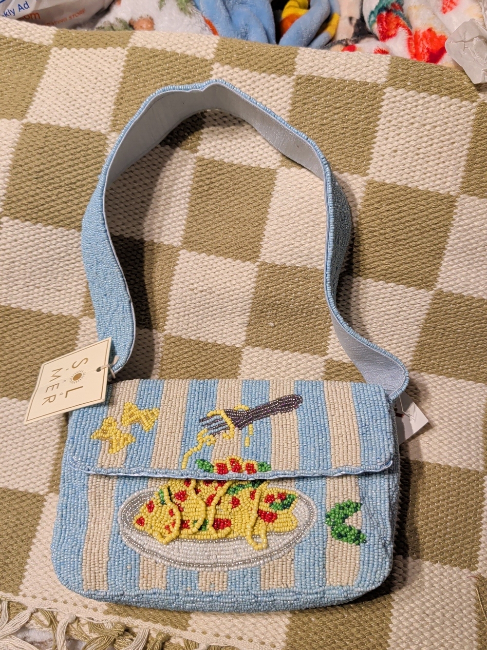 Handcrafted In India Pasta Fork Tomato Beaded Bag Purse Tote NWT Viral